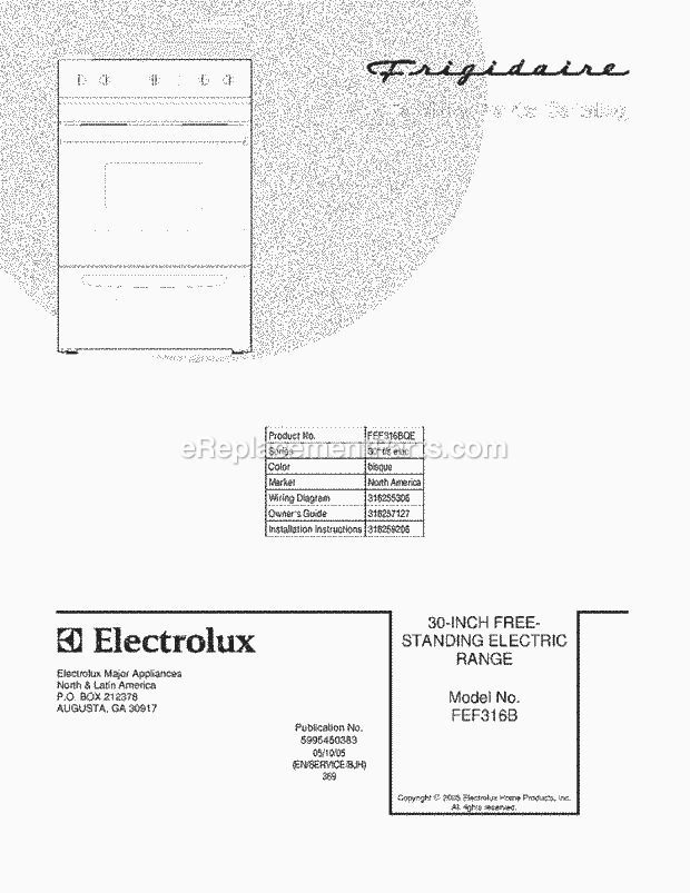 Frigidaire FEF316BQE Freestanding, Electric Electric Range Page C Diagram