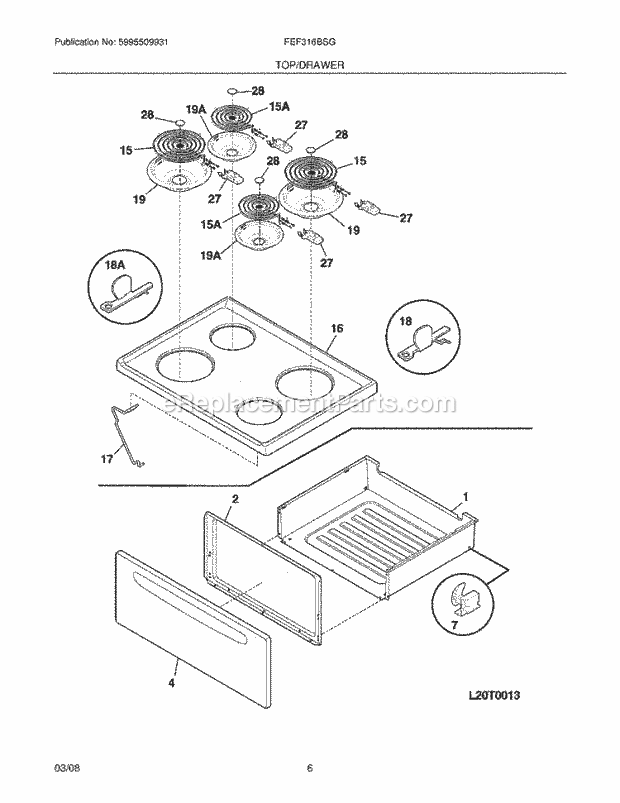 Frigidaire FEF316BSG Freestanding, Electric Electric Range Top / Drawer Diagram