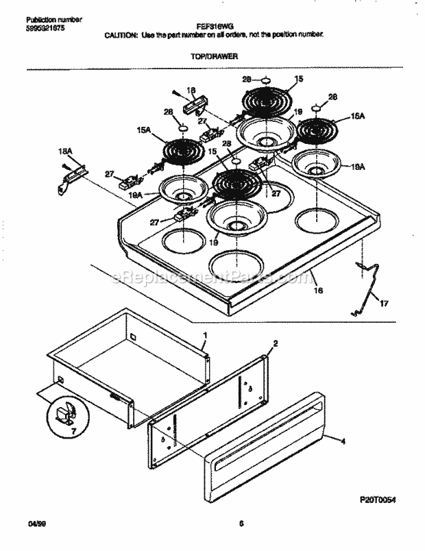 Frigidaire FEF316WGSD Freestanding, Electric Electric Range Top / Drawer Diagram