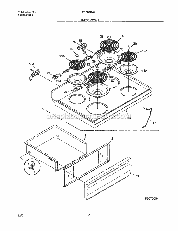 Frigidaire FEF316WGTE Freestanding, Electric Electric Range Top / Drawer Diagram