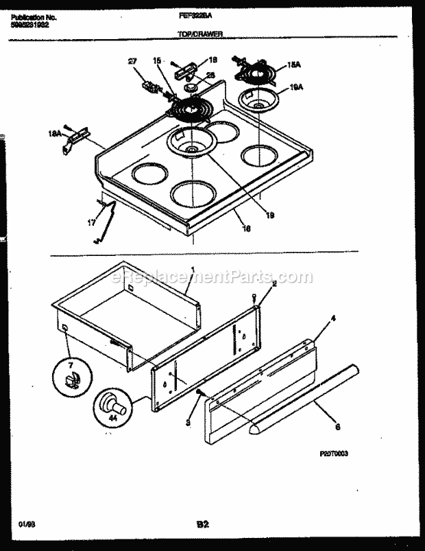 Frigidaire FEF322BAWA Freestanding, Electric Electric Range Cooktop and Drawer Parts Diagram