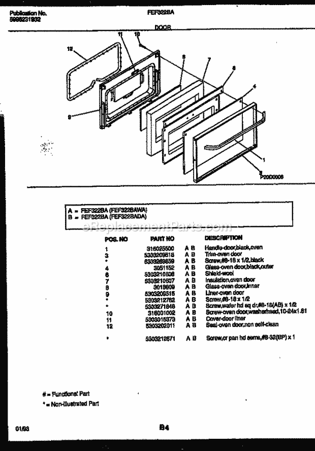 Frigidaire FEF322BAWA Freestanding, Electric Electric Range Door Parts Diagram