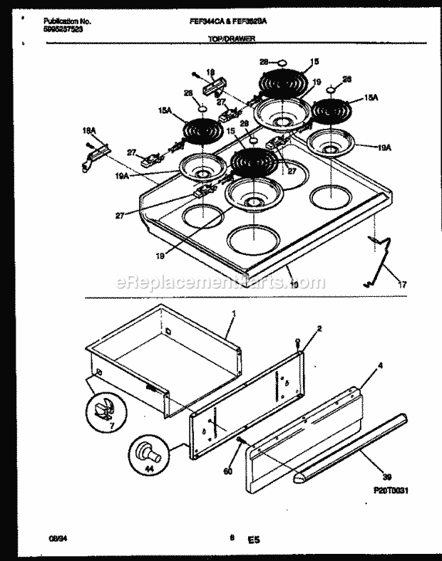 Frigidaire FEF322CASB Freestanding, Electric Electric Range Cooktop and Drawer Parts Diagram