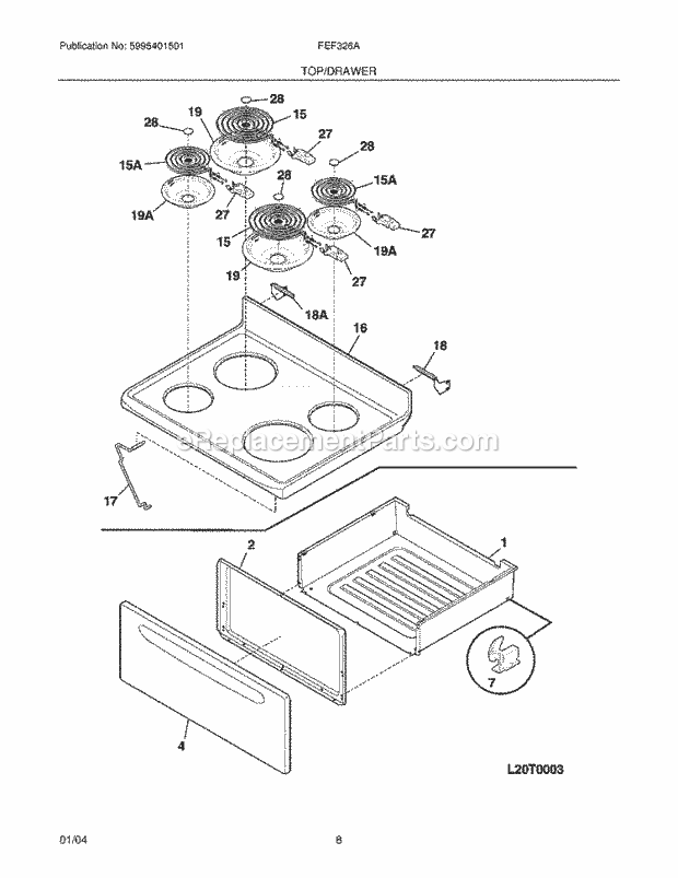 Frigidaire FEF326ABG Freestanding, Electric Electric Range Top / Drawer Diagram