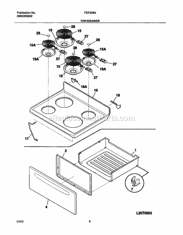 Frigidaire FEF326AQB Freestanding, Electric Electric Range Top / Drawer Diagram