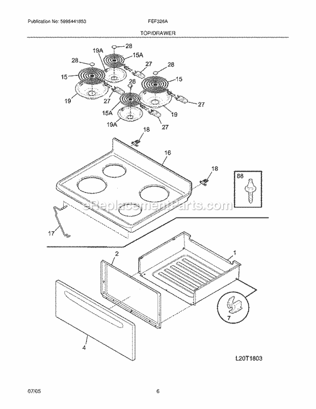 Frigidaire FEF326AQL Freestanding, Electric Electric Range Top / Drawer Diagram