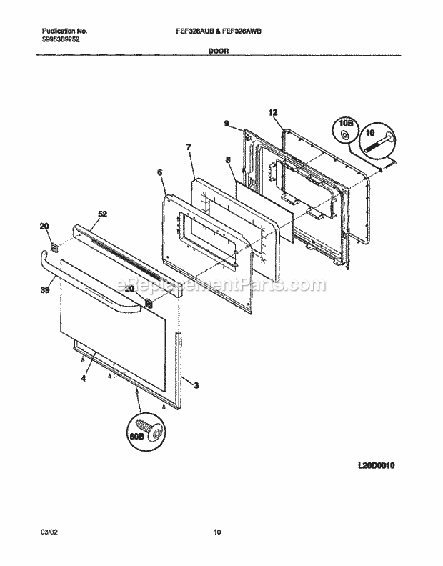 Frigidaire FEF326AWB Freestanding, Electric Electric Range Door Diagram