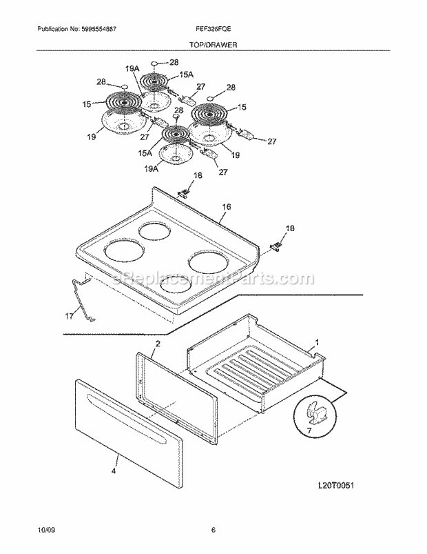 Frigidaire FEF326FQE Range Top/Drawer Diagram