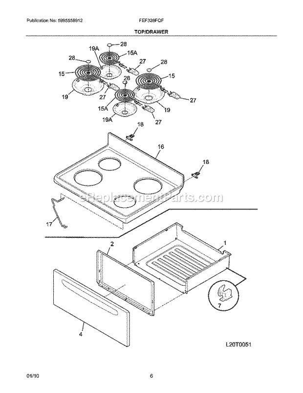 Frigidaire FEF326FQF Range Top/Drawer Diagram