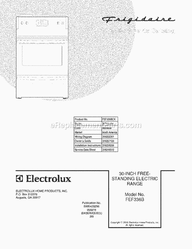 Frigidaire FEF336BCK Freestanding, Electric Electric Range Page C Diagram