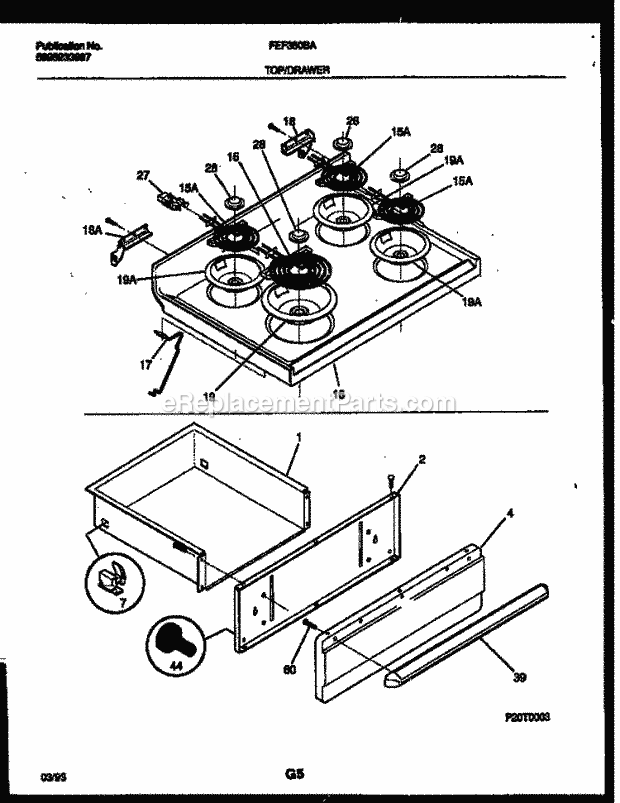 Frigidaire FEF350BADA Freestanding, Electric Electric Range Cooktop and Drawer Parts Diagram