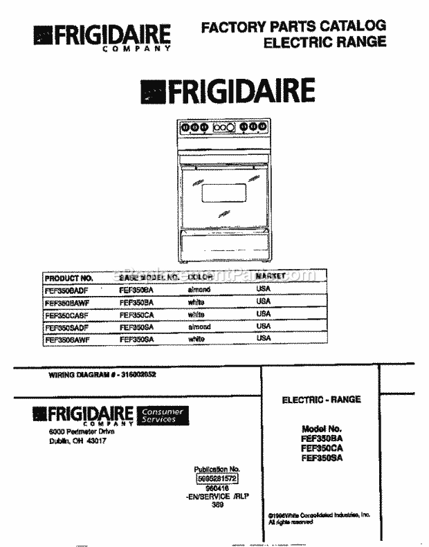Frigidaire FEF350BAWF Freestanding, Electric Frigidaire Electric Range Page C Diagram