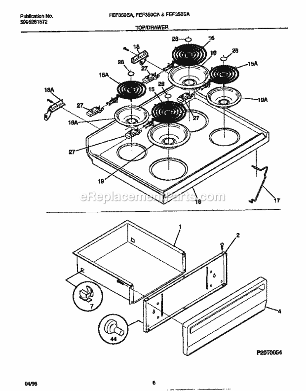 Frigidaire FEF350BAWF Freestanding, Electric Frigidaire Electric Range Top / Drawer Diagram