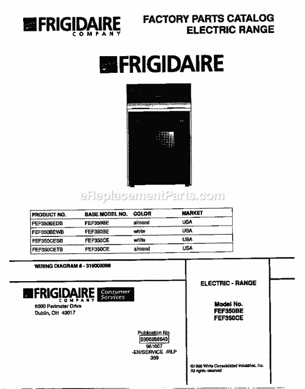 Frigidaire FEF350BEWB Freestanding, Electric Frigidaire Electric Range Page C Diagram