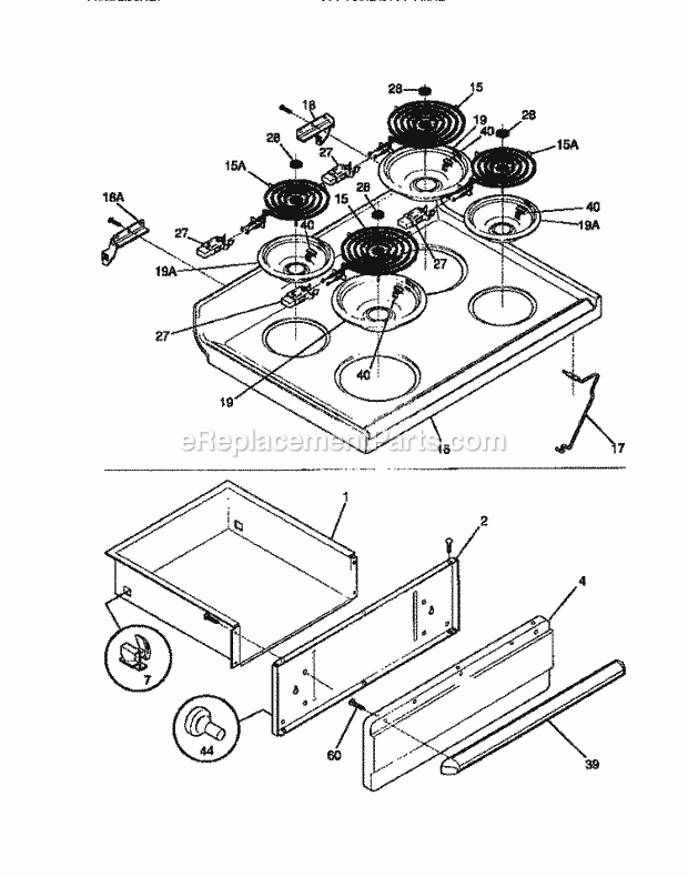 Frigidaire FEF350CASD Freestanding, Electric Electric Range Top / Drawer Diagram