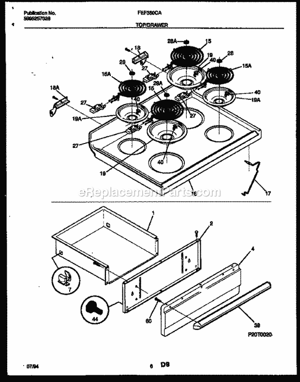Frigidaire FEF350CAWB Freestanding, Electric Electric Range Cooktop and Drawer Parts Diagram