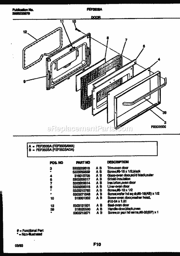 Frigidaire FEF350SAWA Electric Range Electric Door Parts Diagram