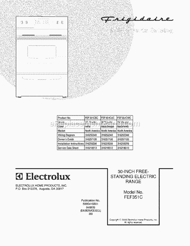 Frigidaire FEF351CUC Freestanding, Electric Electric Range Page C Diagram