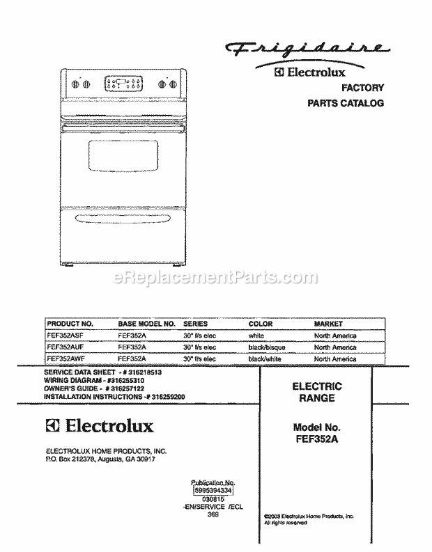 Frigidaire FEF352AUF Freestanding, Electric Electric Range Page C Diagram