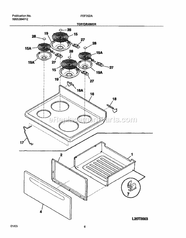 Frigidaire FEF352AWE Freestanding, Electric Electric Range Top / Drawer Diagram