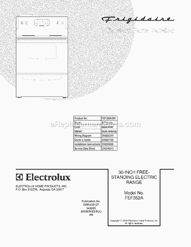 Frigidaire FEF352AWH Freestanding, Electric Electric Range Page C Diagram