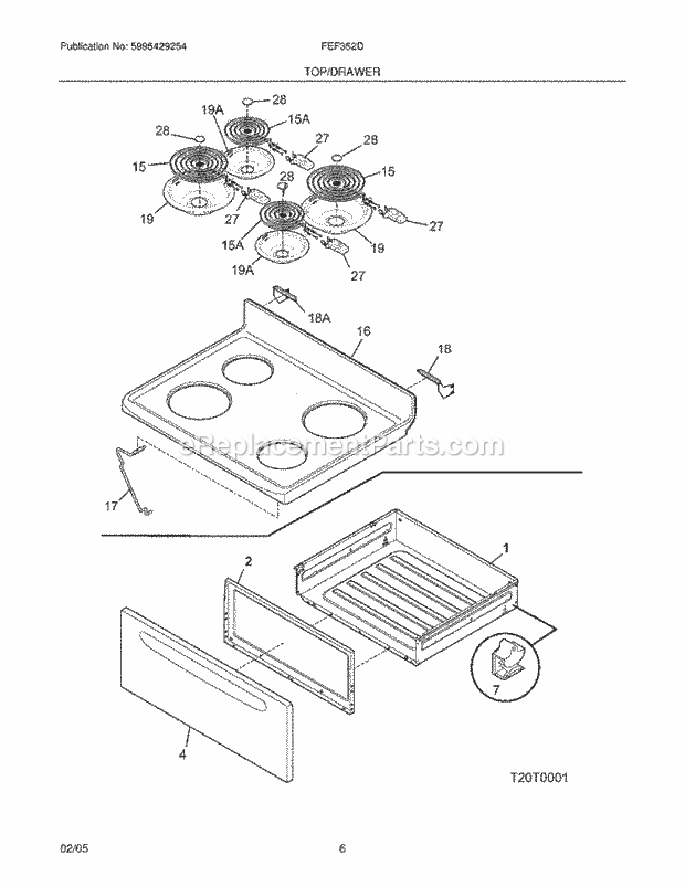 Frigidaire FEF352DSB Freestanding, Electric Electric Range Top / Drawer Diagram