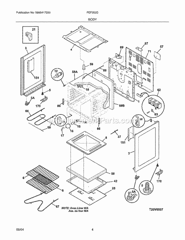 Frigidaire FEF352DUA Freestanding, Electric Electric Range Body Diagram