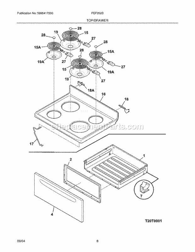 Frigidaire FEF352DUA Freestanding, Electric Electric Range Top / Drawer Diagram