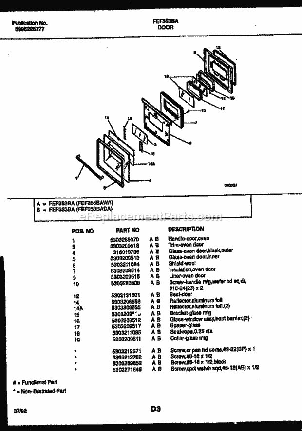 Frigidaire FEF353BAWA Freestanding, Electric Range Electric Door Parts Diagram