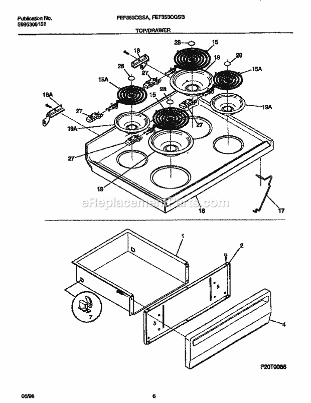 Frigidaire FEF353CGSA Freestanding, Electric Frigidaire/Electric Range Top / Drawer Diagram