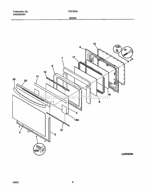 Frigidaire FEF355ASG Freestanding, Electric Electric Range Door Diagram