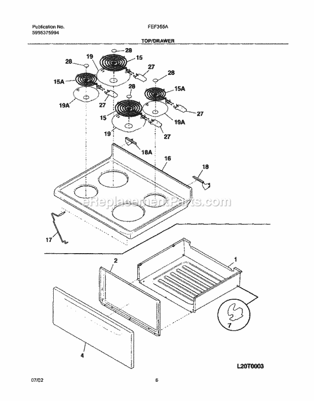 Frigidaire FEF355AUD Freestanding, Electric Electric Range Top / Drawer Diagram