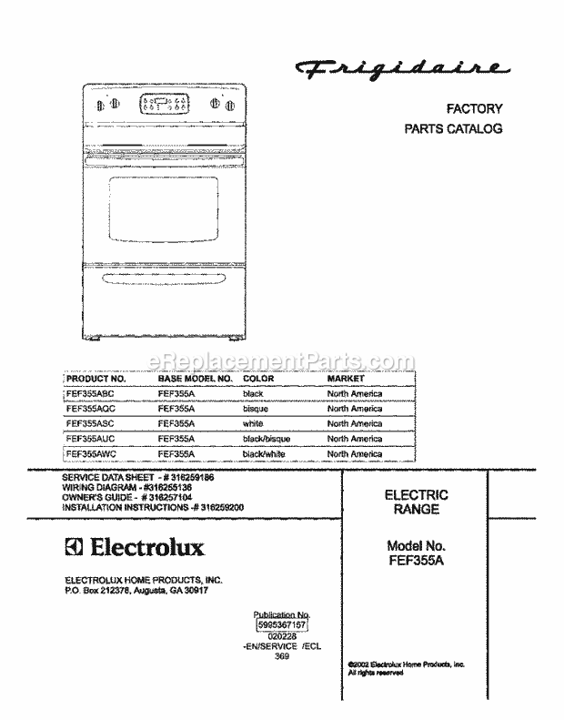 Frigidaire FEF355AWC Freestanding, Electric Electric Range Page C Diagram