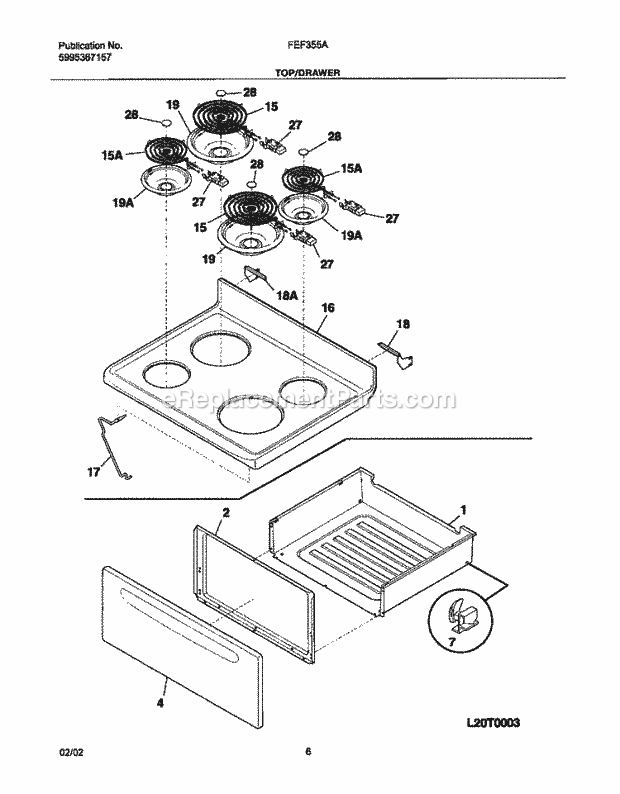 Frigidaire FEF355AWC Freestanding, Electric Electric Range Top / Drawer Diagram