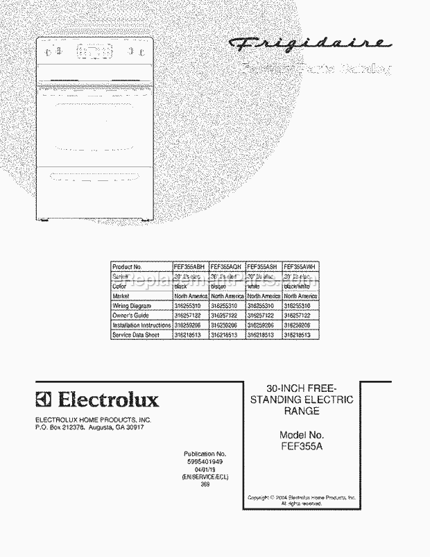Frigidaire FEF355AWH Freestanding, Electric Electric Range Page C Diagram