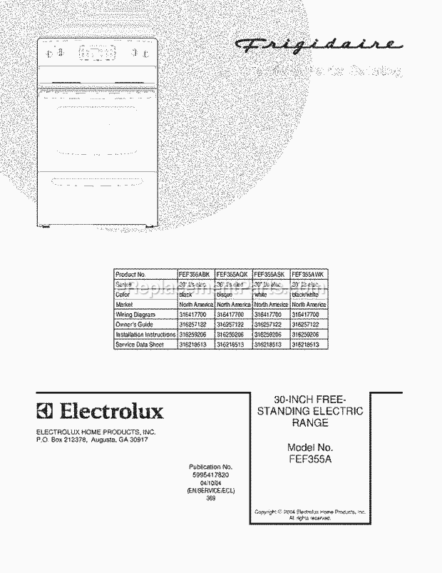Frigidaire FEF355AWK Freestanding, Electric Electric Range Page C Diagram
