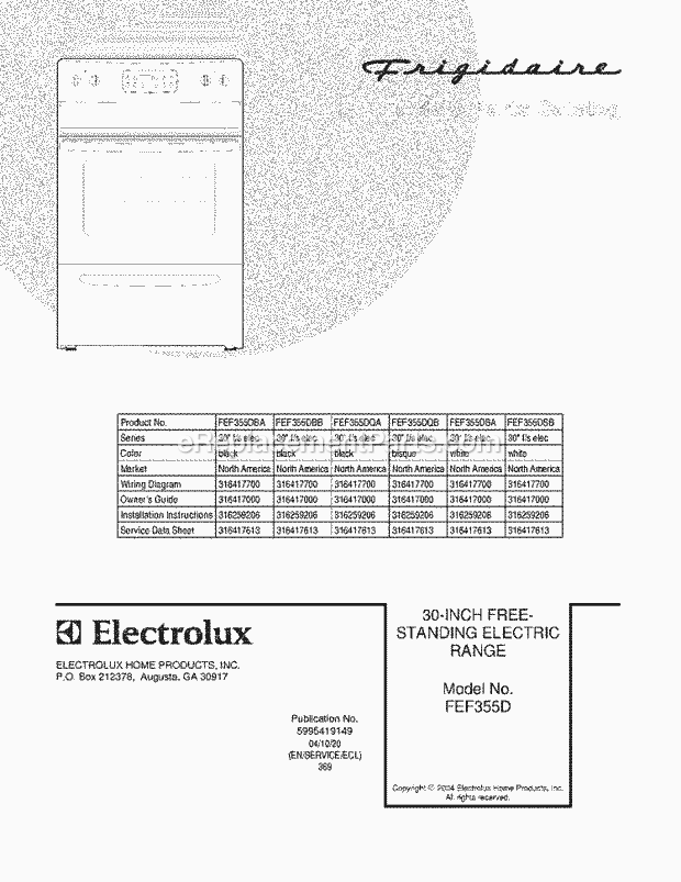 Frigidaire FEF355DBB Freestanding, Electric Electric Range Page C Diagram