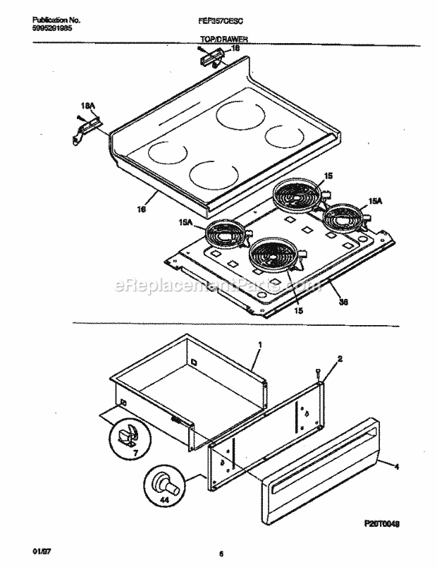 Frigidaire FEF357CESC Freestanding, Electric Electric Range Top / Drawer Diagram