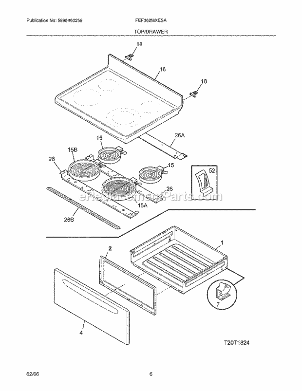 Frigidaire FEF362MXESA Freestanding, Electric Range Top / Drawer Diagram