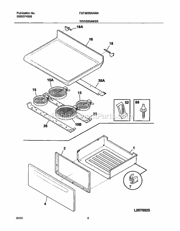 Frigidaire FEF363BXAWA Freestanding, Electric Range Top / Drawer Diagram