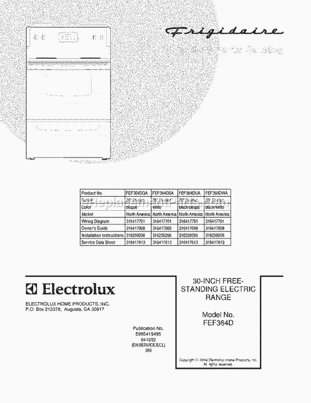 Frigidaire FEF364DQA Freestanding, Electric Electric Range Page C Diagram