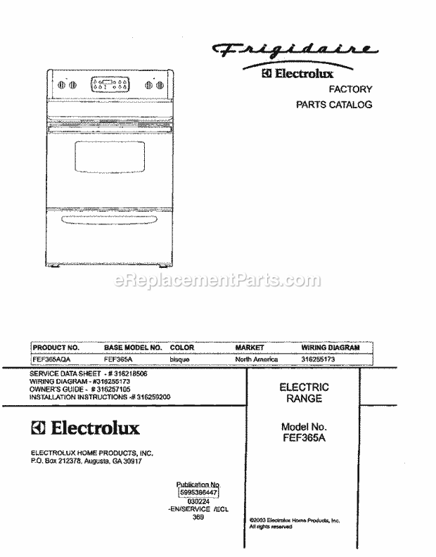 Frigidaire FEF365AQA Freestanding, Electric Electric Range Page C Diagram
