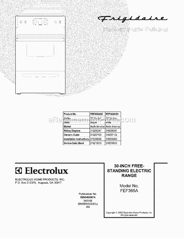 Frigidaire FEF365AQC Freestanding, Electric Electric Range Page C Diagram