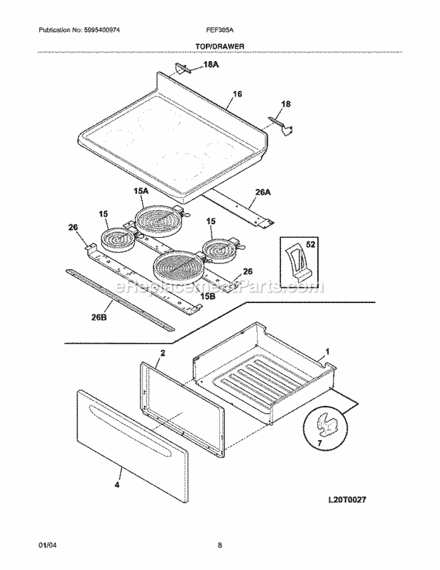 Frigidaire FEF365AQC Freestanding, Electric Electric Range Top / Drawer Diagram