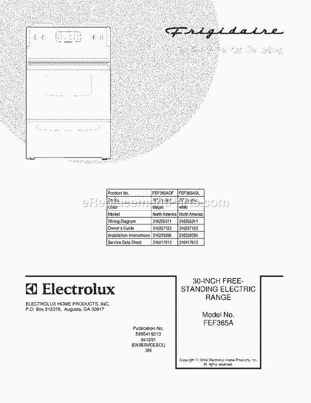 Frigidaire FEF365AQF Freestanding, Electric Electric Range Page C Diagram