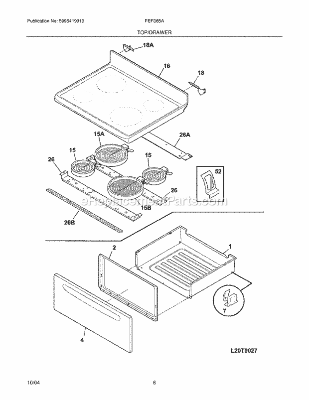 Frigidaire FEF365ASL Freestanding, Electric Electric Range Top / Drawer Diagram