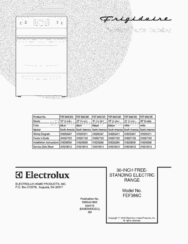 Frigidaire FEF366CQE Freestanding, Electric Electric Range Page C Diagram