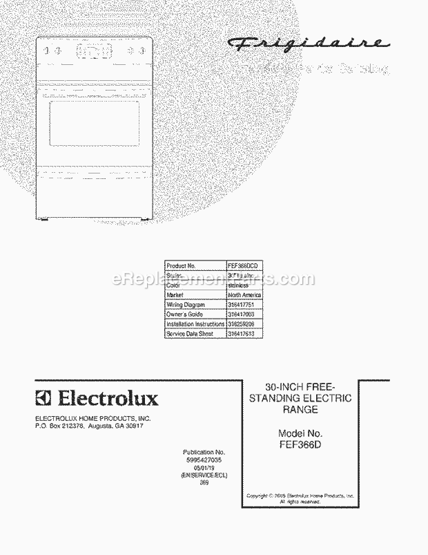 Frigidaire FEF366DCD Freestanding, Electric Electric Range Page C Diagram