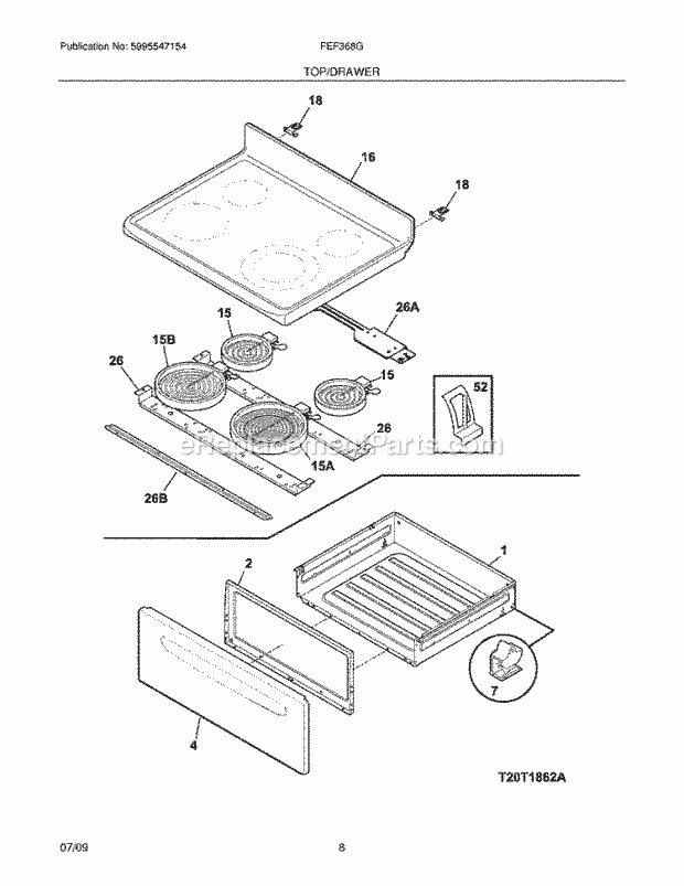 Frigidaire FEF368GBD Range Top/Drawer Diagram