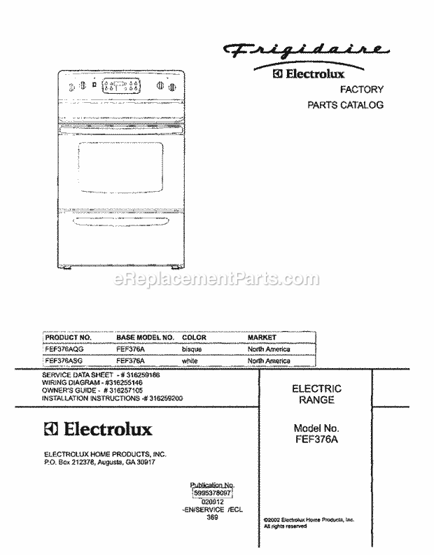 Frigidaire FEF376AQG Freestanding, Electric Electric Range Page C Diagram